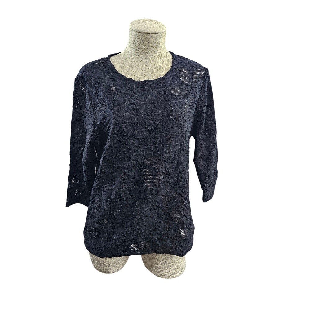 Worth New York Top Womens L Black Floral Lace Sheer 3/4 Sleeve Stretch Blouse